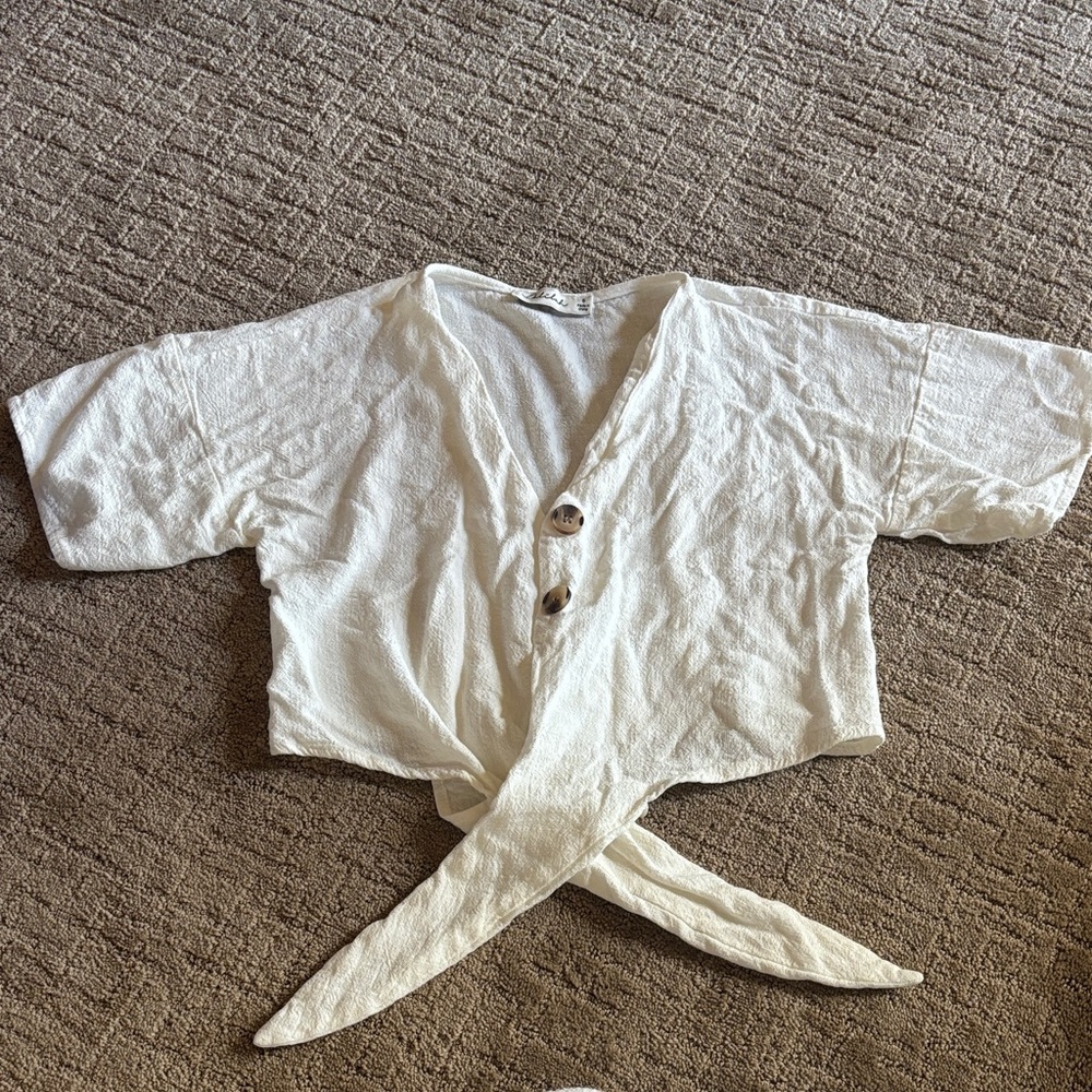 White Button-Up Tie-Front Shirt Crop Top